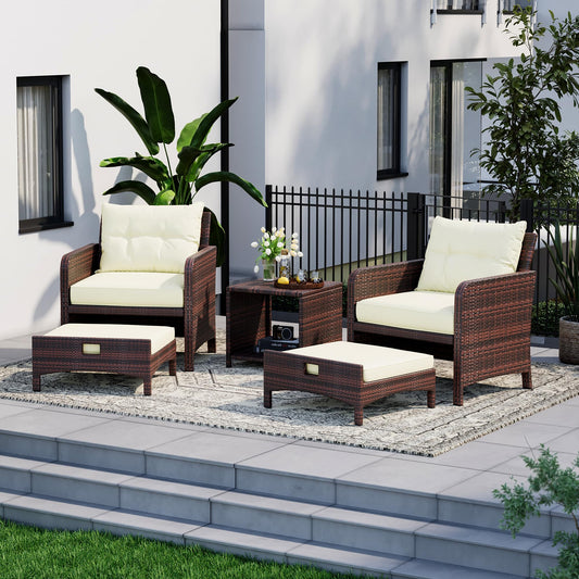 PATIOPIA 5 Piece Patio Furniture Set, All-Weather Patio Furniture with Soft Cushions, PE Wicker Patio Sofa Set with Coffee Table and Ottoman, for Outdoor, Porch, and Balcony (Beige-Brown)