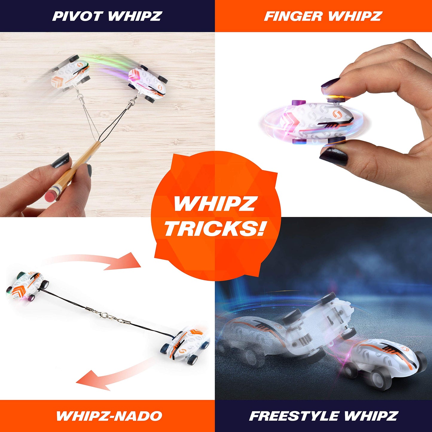 USA Toyz Whipz Micro Racers Toy Cars for Kids - Mini Keychain, Glow in The Dark LED Fast Pocket Racer Fidget Toy, Mini Car Spinner with Racing Stunt Ball, Keychain Clip, and USB Charger