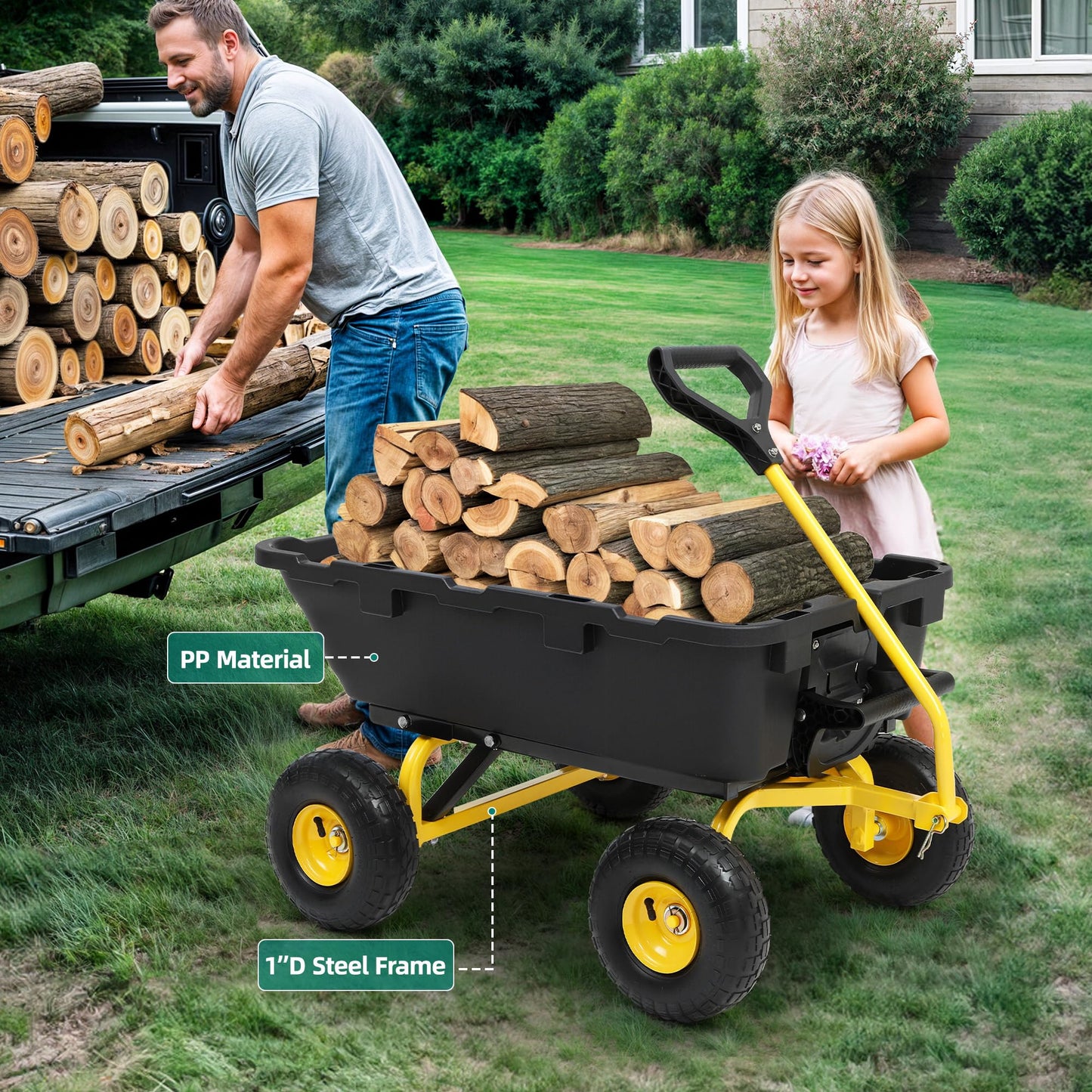 Autodaya 900LB Garden Dump Cart, 2026 Upgraded Heavy Duty Wheelbarrow Cart with 10" Non-Slip Pneumatic Tires & Quick-Release System, 4-Wheel Steel Frame Wagon for Transportation in Yard, Farm, Garden