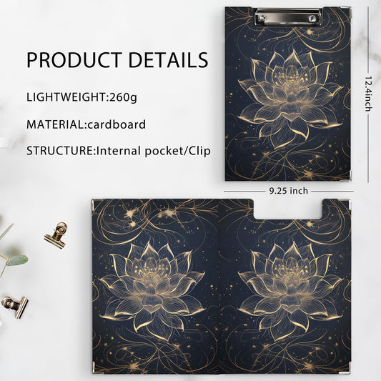 KU-DaYi Lotus Floral Clipboard Padfolio with Storage Pocket, Meditation Spiritual Lotus Flower Low Profile Clip Boards for Nurse Office Classroom, 12.4 x 9.25 in