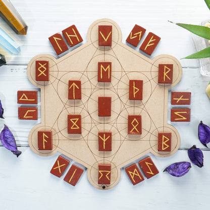 Crocon Red Jasper Rectangle Shape Gemstone Runes with Elder Futhark Alphabet Engraved 25 pcs Rune Set Crystal Divination Metaphysical Healing Balancing Chakra Reiki Runes with a Pouch| Size : 20-25mm