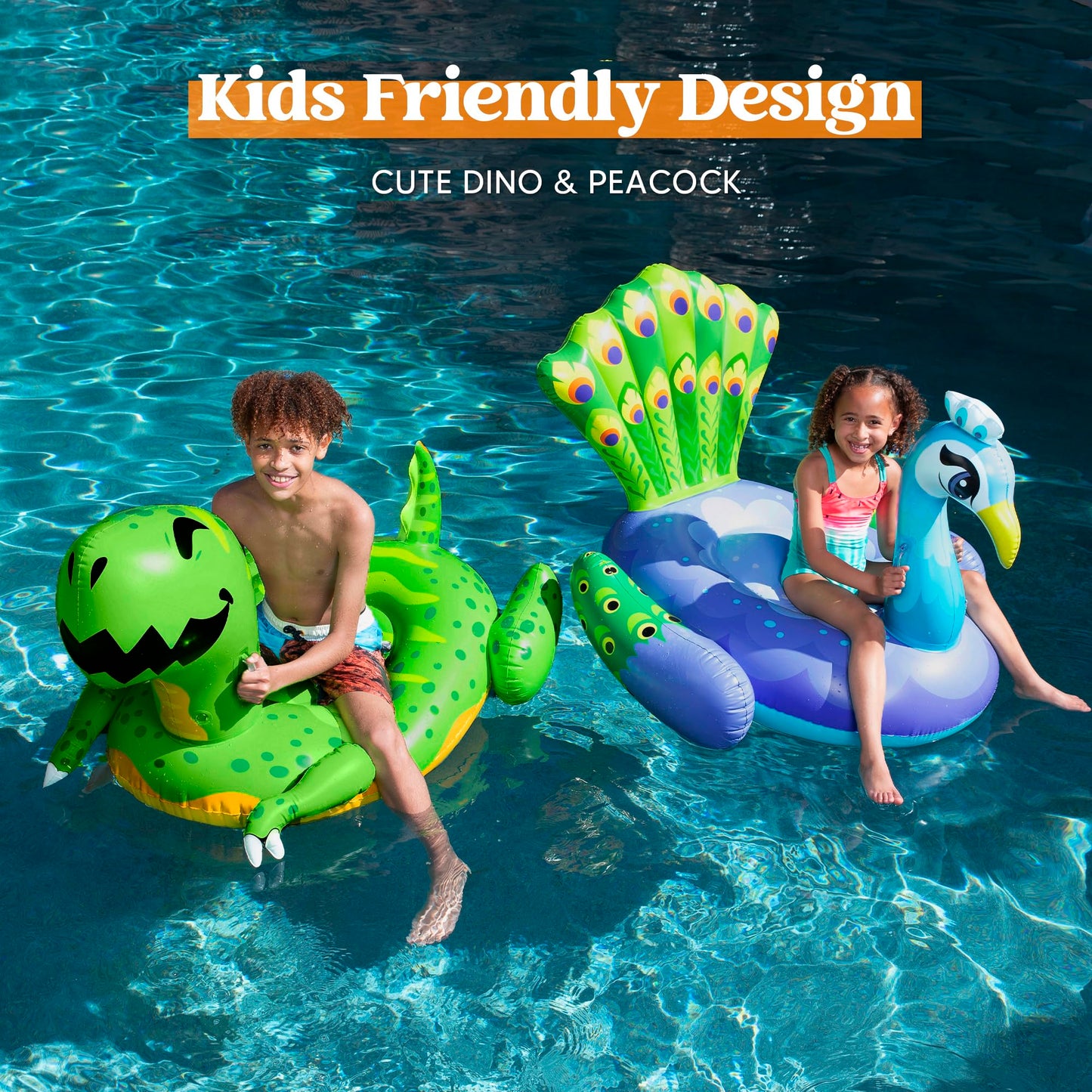 Sloosh 2-Pack Inflatable Dinosaur & Peacock Pool Floats Set, Fun Beach Floaties for Swim Party Decorations Toys, Inflatable Island, Summer Pool Raft Lounge Ride On for Adults Kids