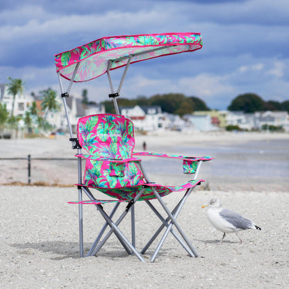 Tommy Bahama Extra-Wide Folding Beach Chair with Max Shade Canopy, Side Table, and Cup Holders, 25" W Outdoor Portable Camping Chair with Canopy, Supports up to 500 lbs., Pink/Green