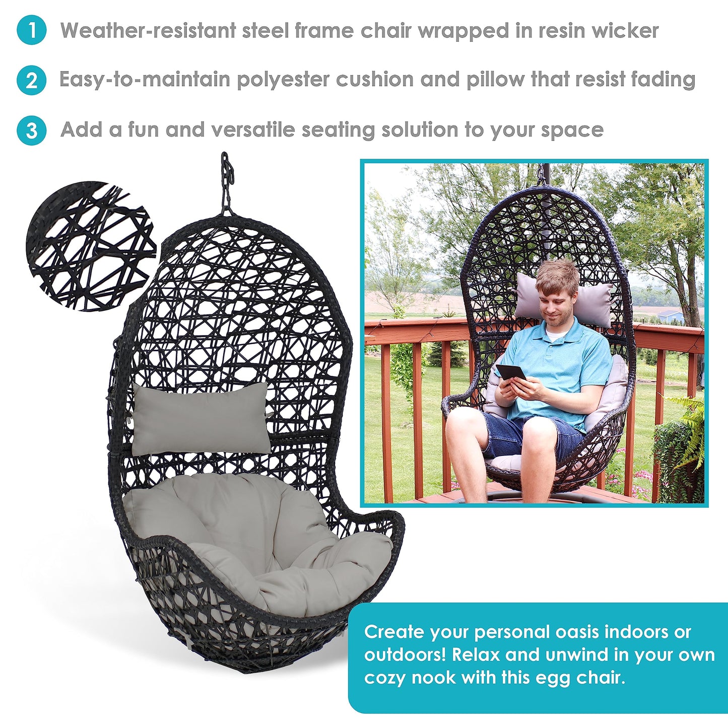 Sunnydaze Cordelia Egg Chair with Cushions -Resin Wicker Hanging Chair with 265-Pound Weight Capacity - Hanging Swing Includes Gray Polyester Cushion and Headrest