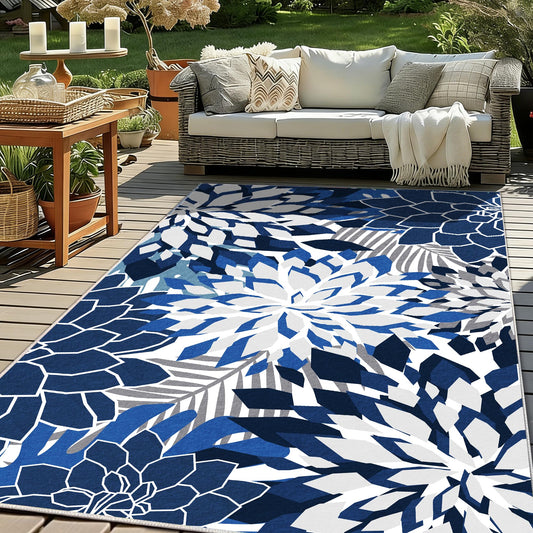 ZonLi Outdoor Rug 6x9Ft Waterproof Multicolored Blue White Indoor Area Rug Washable Outdoor Patio Rugs Tropical Floral Non Slip Outdoor Carpet for Living Room, Pool,Backyard,Deck,Camping.