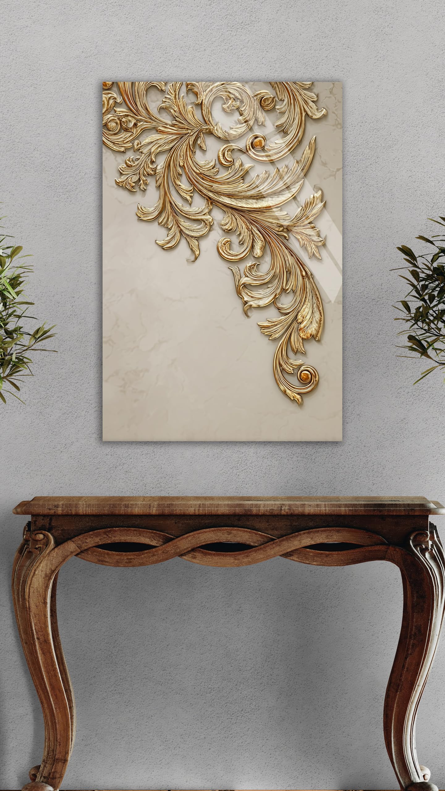 Elegant Gold Baroque Wall Art - Luxury 3D Acanthus Tempered Glass Print - Victorian Style Home Decor - Sophisticated Ornate Scrollwork Panel for Living Room, Bedroom & Office - Modern Glass Art Decor