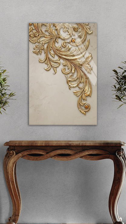 Elegant Gold Baroque Wall Art - Luxury 3D Acanthus Tempered Glass Print - Victorian Style Home Decor - Sophisticated Ornate Scrollwork Panel for Living Room, Bedroom & Office - Modern Glass Art Decor