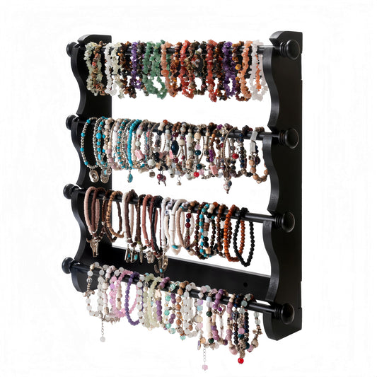 4-Tier Wooden Bracelet Holder Wall-Mounted – Black Jewelry Display Stand for Bracelets, Bangles, Watches– Rustic Wall Jewelry Organizer for Home, Store, or Craft Show – Bracelet Display Rack