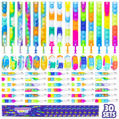 BONNYCO Pop It Bracelets and Keychains Pack 30 Kids Party Favors. Goodie Bags Stuffers for Kids, Fidget Toys Pop Its Bulk. Return Gifts for Birthday Party, Goody Bag Stuffers, Pinata, Classroom Prizes