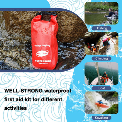 WELL-STRONG Boat First Aid Kit with Survival Tools, 123pcs Waterproof Emergency Marine Kit with Buckles, Compact Boat Safety Accessories for Fishing Kayaking Boating Camping Rafting Beach Red