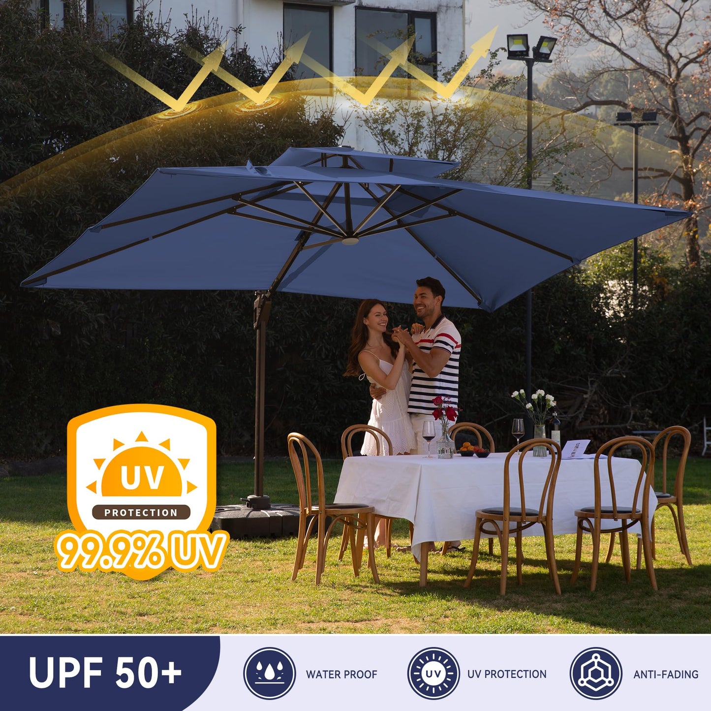 MEVBC 10 X 13 FT Cantilever Outdoor Patio Umbrella with LED Lights Large Heavy Duty 360° Rotation Double Top Offset Rectangular Umbrellas for Backyard Garden Pool Outside Deck, Navy