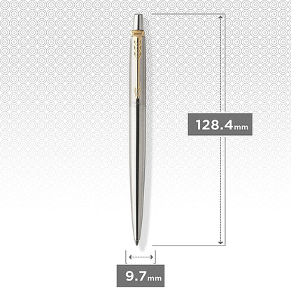 Parker Jotter Ballpoint Pen, Stainless Steel with Golden Trim, Medium Point, Blue Ink, Gift Box - Smooth Writing, Sleek, Polished, Professional, Desk Essentials