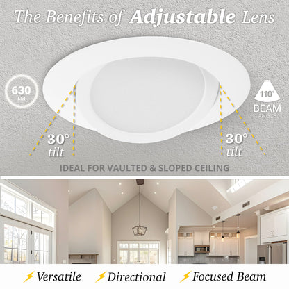 NuWatt 12 Pack, 4 Inch Canless Gimbal LED Recessed Lighting, 5CCT 2700K/3000K/3500K/4000K/5000K Selectable, 630 Lumen, Dimmable, Adjustable Eyeball Wafer Lights for Sloped Ceilings, Metal Junction Box