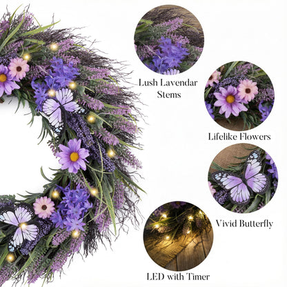 Valery Madelyn Spring Lavender Wreaths for Front Door, Artificial Floral Summer Wreath with Lights Purple Bellflower Berries Butterfly for Home Outside Wedding Porch Window Arch Decor-24''