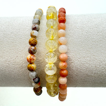 Joy Crystal Bracelet Stack 4mm – Healing Stone Beaded Bracelets – Orange Aventurine,Crazy Lace Agate, and Citrine, Spiritual Energy Jewelry for Motivation, Uplifting Energy, Abundance– Elastic, Unisex, Gift-Ready