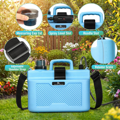 2 Gallon Battery Powered Garden Sprayer,Upgrade Electric Sprayer with 4 Types of Nozzles,3-Level Adjustable Speeds,Retractable Wand and Adjustable Shoulder Strap for Lawn, Garden and Yard.