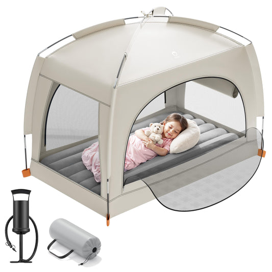 QPAU Inflatable Toddler Travel Bed with Tent – Lightweight Blow Up Kids Air Mattress with Hand Pump – Indoor & Outdoor Portable Sleeping Solution for Camping, Travel, Home, Grandma’s – Ages 3+