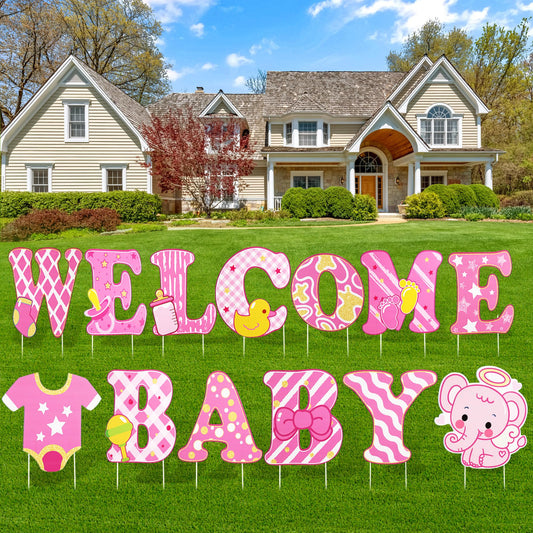 13 Pcs Baby Shower Yard Sign with Stakes, 12 Inch Its A Girl Lawn Garden Sign Gender Reveal Outdoor Decoration Welcome Home Baby Girl Party Supplies (Pink)