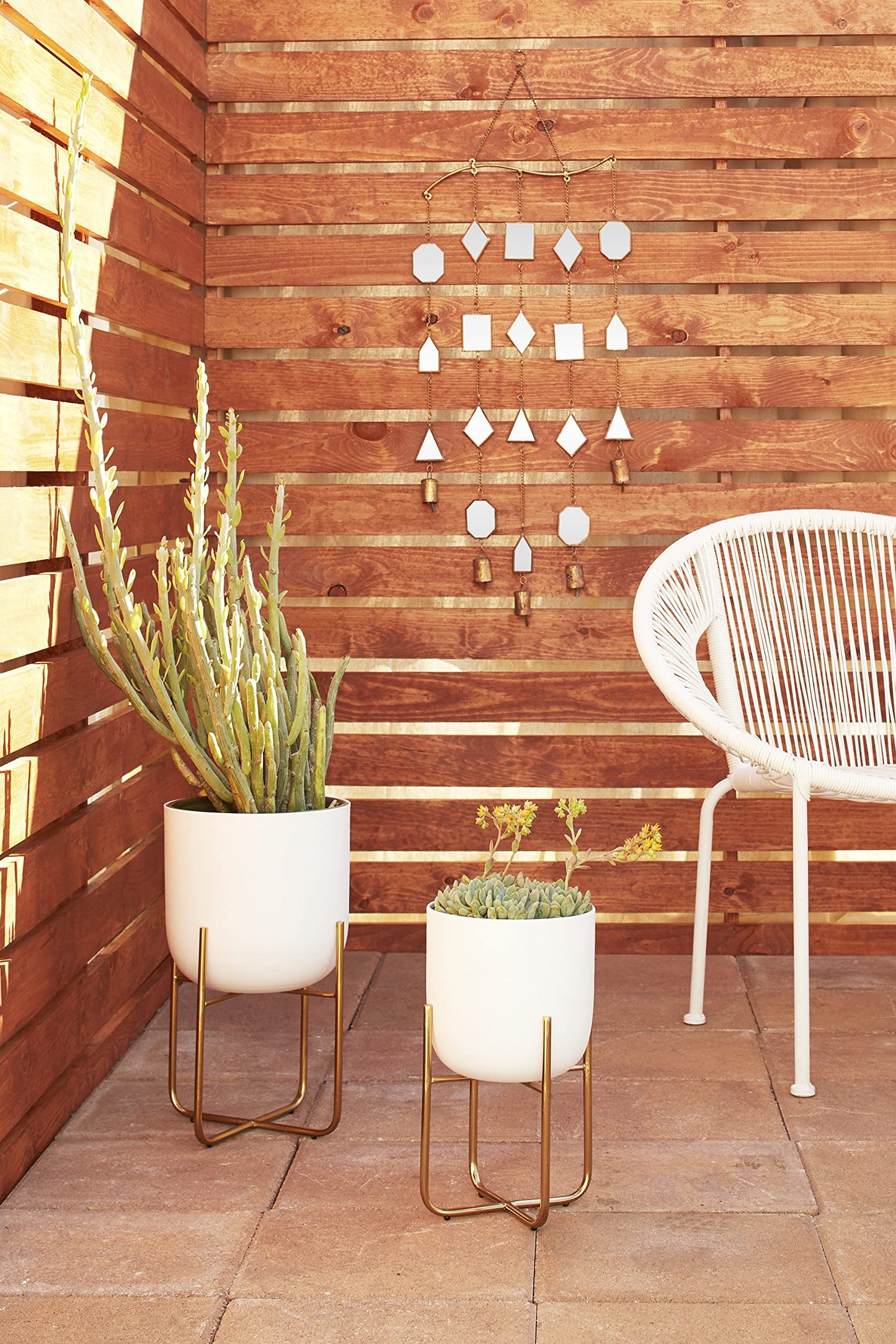 Deco 79 Metal Geometric Indoor Outdoor Windchime Garden Decor with Glass Mirrors and Bells, Hanging Ornament 14" x 1" x 32", Brown