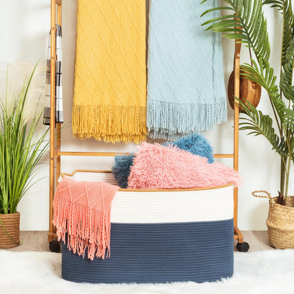 MINTWOOD Design 22in Extra Large Blanket Basket Holder Living Room, Rectangle Rope Woven Storage Basket with Handles for Laundry, Pool Towels, and Shoes, Dog Toy Organizer Bin Box, Prussian Blue