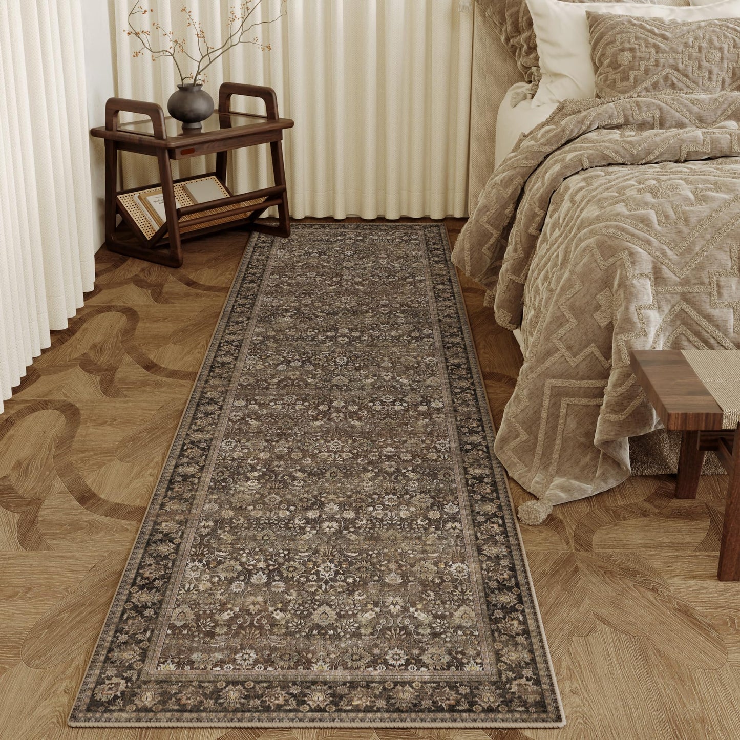 HUGEAR 2x6 Runner Rug Machine Washable Brown Hallway Area Rugs Indoor Accent Rugs Floral Low Pile Carpet Distressed Throw Rug Bedroom Living Room Office Dining Kitchen Laundry Non Slip