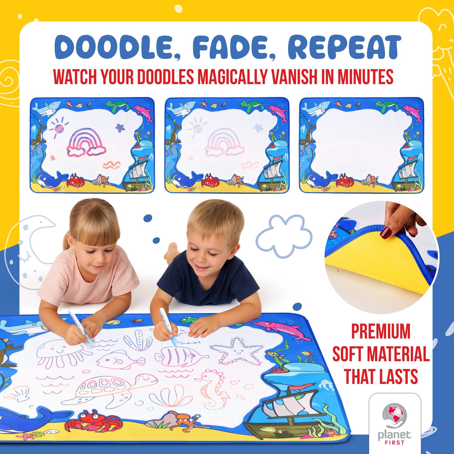 Water Doodle Mat -Sea Life 40 x 32 – Mess-Free Water Drawing Mat for Kids Ages 3-8 with Roller, Stamp Markers, Water Pens, Foam Shapes & Stencils