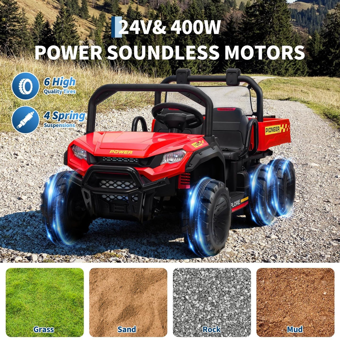 24V Electric Ride-on Dump Truck for Kids, 4WD Ride-On Car for Kids, 2-Seater UTV with Remote Control, Off-Road Electric Vehicle for Boys & Girls Outdoor Play
