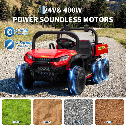 24V Electric Ride-on Dump Truck for Kids, 4WD Ride-On Car for Kids, 2-Seater UTV with Remote Control, Off-Road Electric Vehicle for Boys & Girls Outdoor Play
