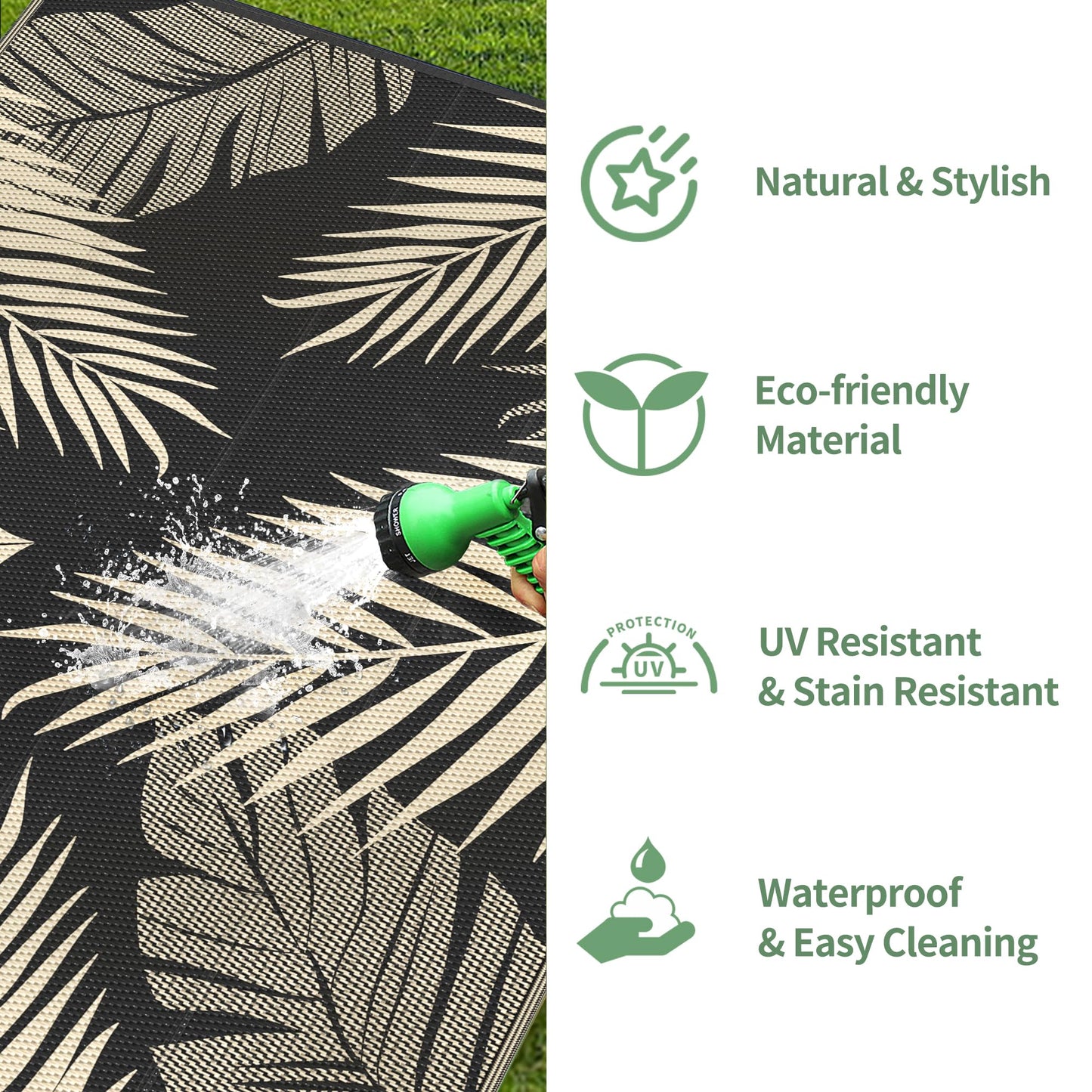 GENIMO Outdoor Rug 8' x 10' Waterproof for Patios Clearance, Reversible Outdoor Plastic Straw Camping Rug Carpet, Large Area Rugs Mats for RV, Camper, Deck, Balcony, Porch, Beach, Picnic, Black&Beige