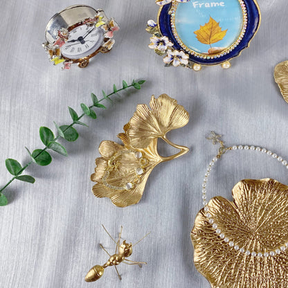 Metal Jewelry Dish, Small Leaf Shaped Ring Holder Jewelry Organizer, Trinket Dish Vanity Tray for Dresser Christmas Birthday Wedding Gifts 2-Tier Ginkgo-Gold