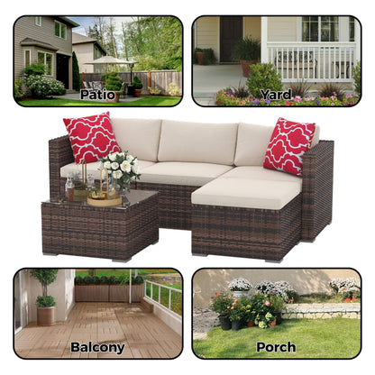 5 Piece Outdoor Patio Furniture Set, Rattan Deck Conversation Sofa Set with Non-Slip Cushions, All-Weather Sectional Sofa with Glass Storage Table and Balcony Footstool, Poolside, Garden, Brown+White