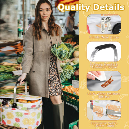 Tirrinia Large Insulated Picnic Basket, 34L Water Resistant & Leakproof Collapsible Portable Cooler Basket Set with Aluminium Handle for Travel, with a Free Foldable Grocery Bag, Yellow Lemon
