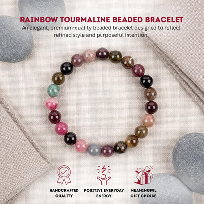 Cherry Tree Collection Rainbow Tourmaline Beaded Bracelet – Genuine 8mm Gemstone Stretch Bracelet for Men & Women – Handmade Crystal Bracelet - (Rainbow Tourmaline - M)