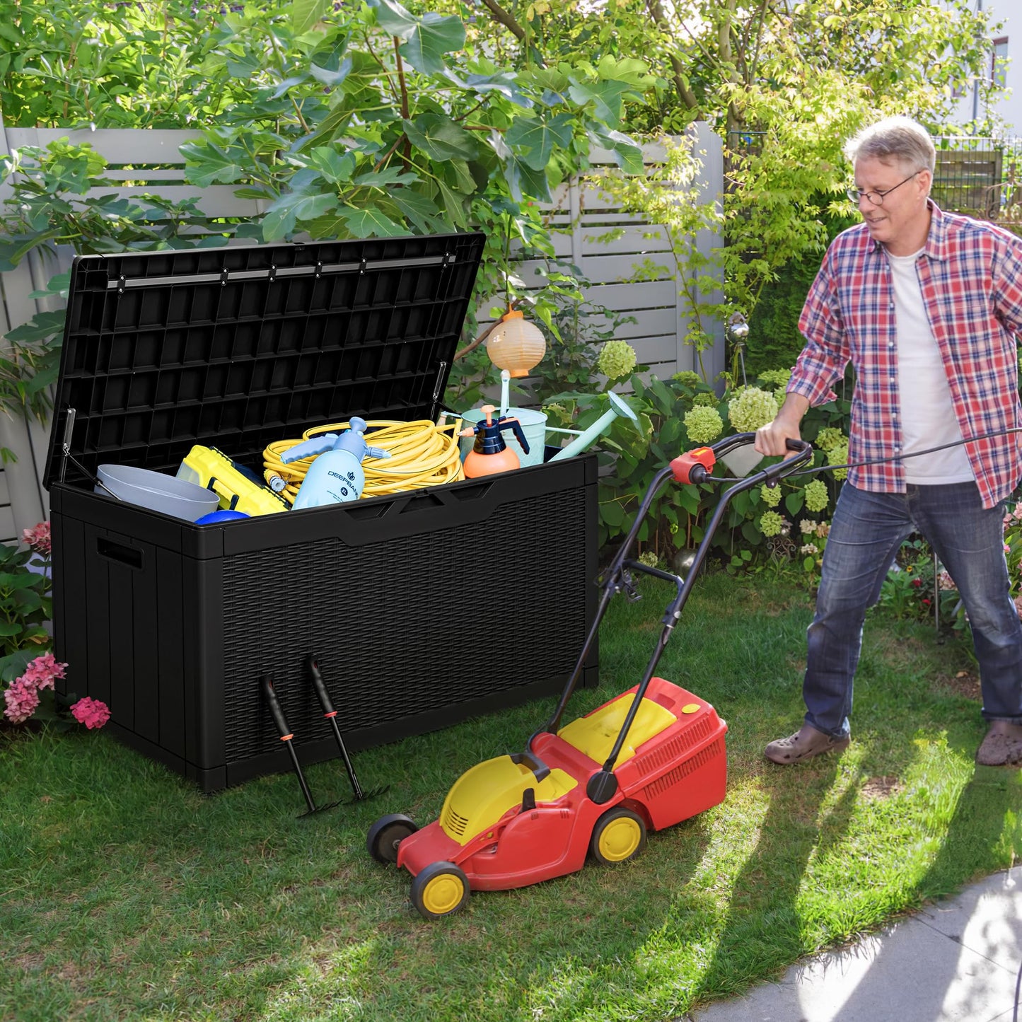 Greesum 100 Gallon Resin Deck Box Large Outdoor Storage with Cushions for Patio Furniture, Garden Tools, Pool Supplies, Weatherproof and UV Resistant, Lockable, Black