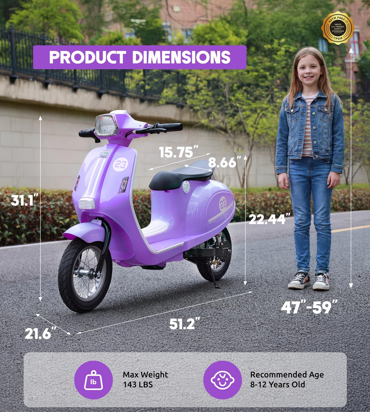 Kids Motorcycle, 2 Wheel Electric Motorcycle for Girls Ages 8-12, 24V Ride on Toys with Music, Story, Headlight, 3 Speed Options, Up to 60min Ride Time, for Riders up to 143 lbs, Easy Assemble, Purple