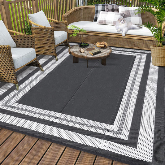 GAOMON 8x10 Area Rugs for Patio Outdoor Rug Waterproof Reversible Patio Rugs Plastic Straw Rug RV Camping Outdoor Carpet for Outside RV Deck Balcony Porch Patio Picnic Beach Decor Border-Grey/White