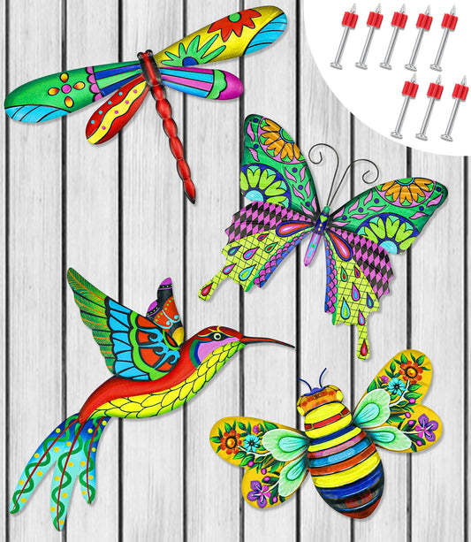 Micanlo 4pcs Metal Outdoor Wall Art Decor,3D Colorful Dragonfly+Hummingbird+Butterfly+Bee Hanging Decorations Ornament for Garden Fence,Patio,Yard