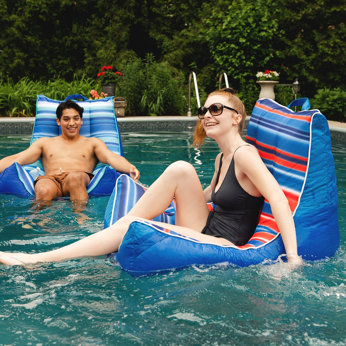 Big Joe Captain's Float No Inflation Needed Pool Lounger with Drink Holder, Blurred Americana Double Sided Mesh, 3ft
