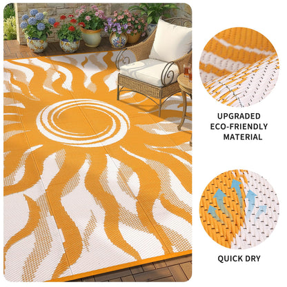 Garvee Outdoor Rug 8x10 Waterproof Patio Rugs with Boho Sun Pattern, Reversible Plastic Straw Camping Rugs Outdoor Indoor RV Mat Carpet for Deck, Backyard, Picnic, Porch, Balcony, Beach, Orange