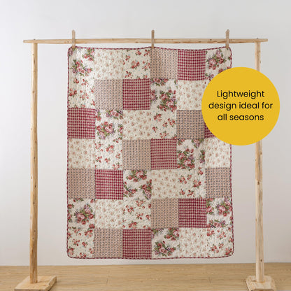 SLPR Cotton Quilted Throw Blanket, 50" x 60" Floral Farmhouse Patchwork Quilt, Shabby Chic Patchwork Throw Lap Quilt for Couch, Country Roses