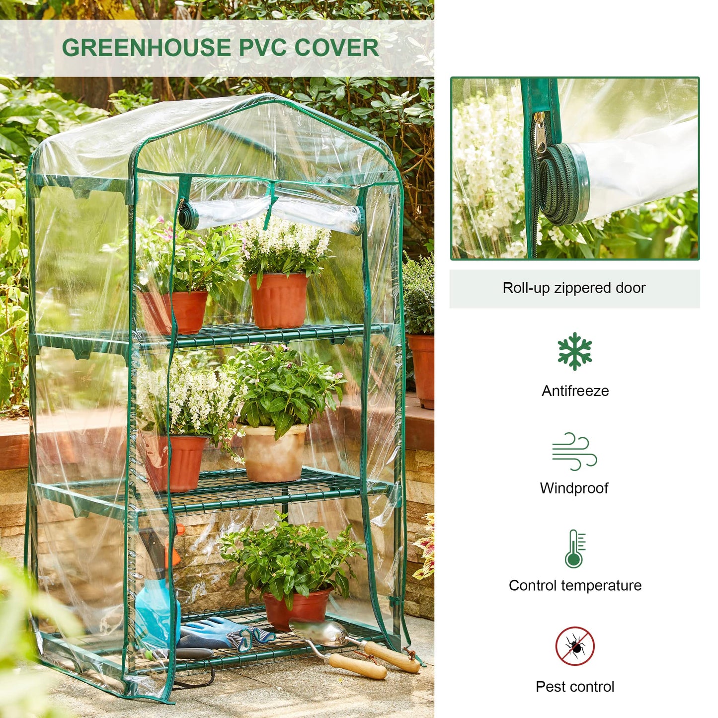Glitzhome Portable Indoor Outdoor Patio Mini Greenhouse, Green, 3-Tier