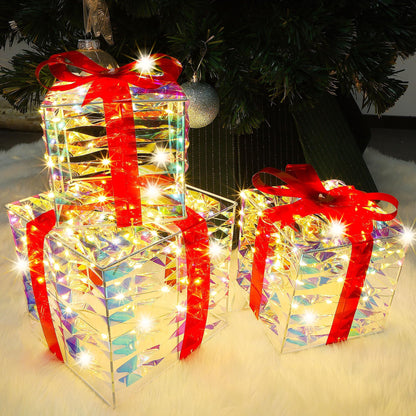Lulu Home Set of 3 Christmas Lighted Gift Boxes, Pre-lit 140 LEDs Light Up Boxes with Red Bows, Plug-in Lighted Xmas Boxes with Timer for Christmas Trees Holiday Display Party Indoor Yard Lawn Decors