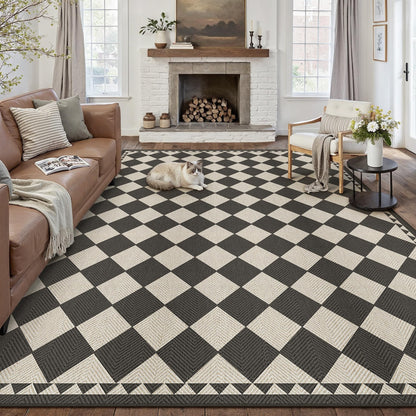 HUGEAR 8x10 Outdoor Rug Black/Beige Linen-Look Fabric Checkered Area Rug High Traffic Stain Resistant Easy Clean Durable Rugs for Indoor/Outdoor Patio Deck Balcony Porch Garden Courtyard