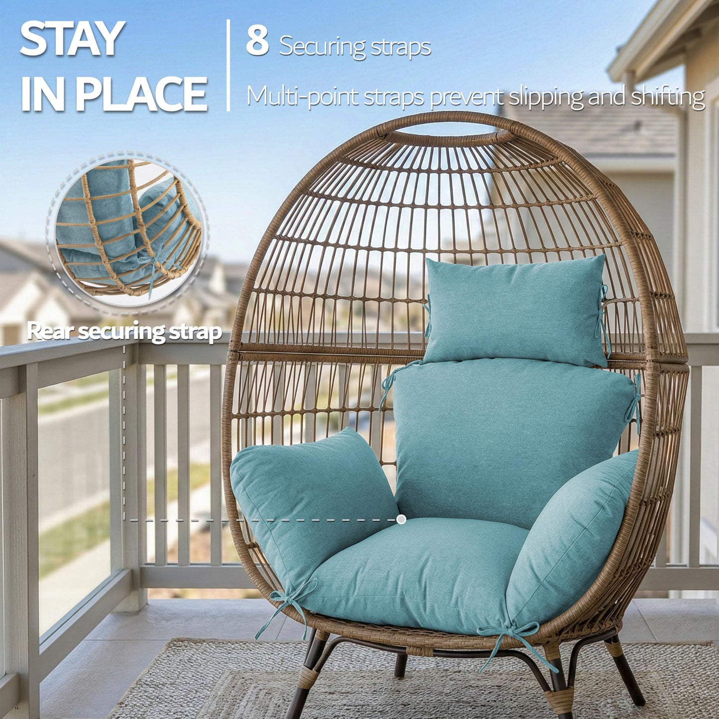 Honorbox Egg Chair Cushion with 8 Securing Straps, Water-Repellent & Fade-Resistant Faux Linen, Removable Cover, Replacement Cushion for Most Single Outdoor Hanging Swing Egg Chairs – Teal
