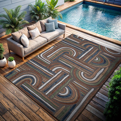 CAMILSON Indoor Outdoor Rug, Brown 8x10 Geometric Arch Striped Area Rugs for Patio and Home Areas, Easy-Cleaning Non-Shedding Living Room, Garden and Deck Washable Outside Carpet (8 x 10)