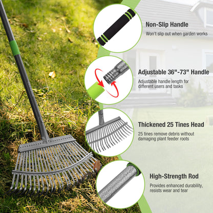 WORKPRO Rakes, Small Leaf Rake with 73” Adjustable Long Handle, Narrow Metal Garden Rake with 25 Steel Tines, Heavy Duty Rust-Resistant Lawn Rakes for Yard, Garden, Shrubs, Flower Beds & Tight Spaces