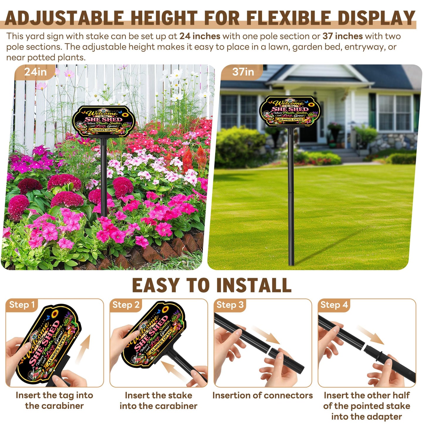 Welcome to My She Shed Garden Sign with Adjustable Stake, 10x5 Inch Aluminum Outdoor Yard Sign, Adjustable 24" & 37" Height, Weatherproof Outdoor Garden Decor for Outside, Gardening Gifts for Women