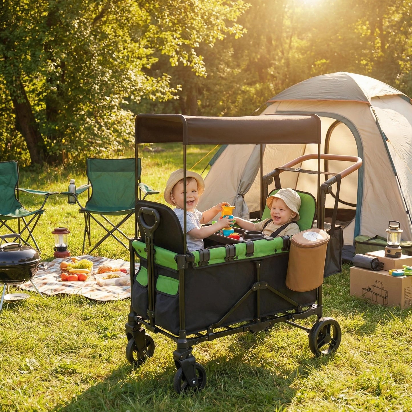 2-in-1 Wagon Stroller for Two Kids – Foldable Push & Pull All‑Terrain Wagon with Canopy, 5‑Point Harnesses,Removable Snack Tray,Storage Bag, Lightweight, Compact Trunk-Friendly Fold – Green