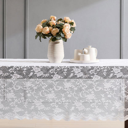 HLC.ME Harper Floral Lace Fabric Tablecloth, Lace Fabric Table Cloth for Rectangle Tables, Wrinkle Resistant Tablecloth, Patterned Scalloped Tablecloth (60 W x 84 L, White)