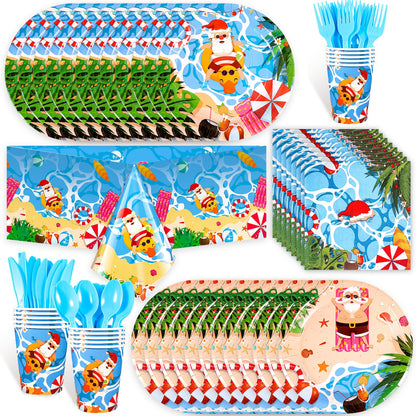 HOWAF 117pcs Hawaii Christmas Decorations Tableware Set, Paper Plates and Napkins Sets Plastic Xmas Santa Tablecloth Disposable Dinnerware Beach Party Paper Cups Forks Supplies
